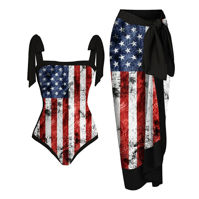 Women One Piece Swimsuit Women Skinny Slimming Retro Tied Swimsuit Set Chiffon Dress