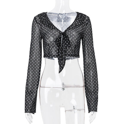 Women Clothing Summer Sexy See through Polka Dot Printed Long Sleeve Elegant Top