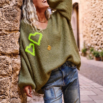 Autumn Winter Love Pattern V neck Sweater Women Casual Loose Long Sleeve Pullover Sweater