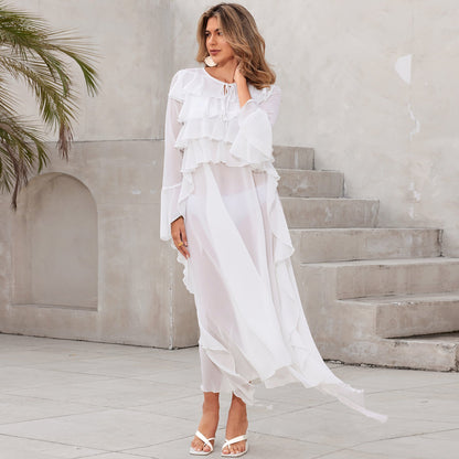 Beach Dress Women Chiffon Stacked Vacation Pullover Bikini Swimsuit Blouse Sun Protective Clothing