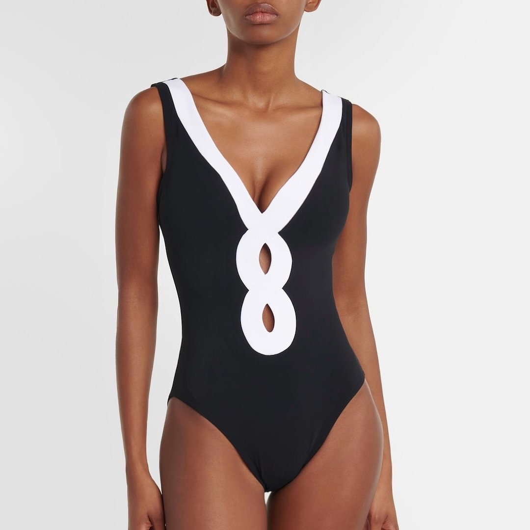 Black White Simple Hollow Out Cutout Out Swimsuit Women Skirt Set