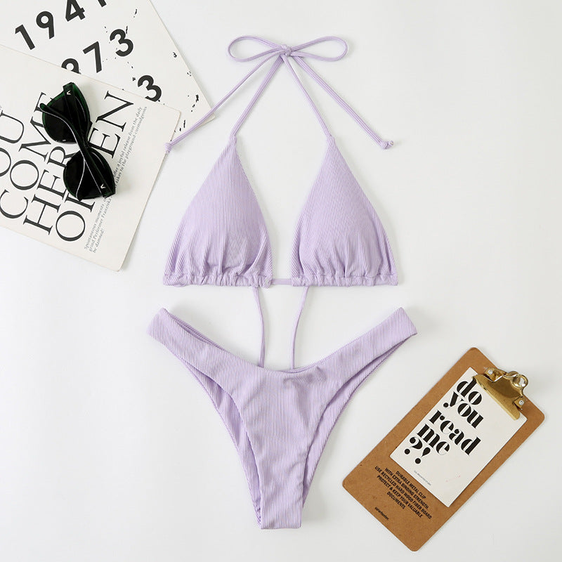 Women Split Sexy Double Sided Triangle Lace Up Bikini Beach Swimwear