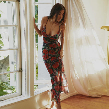 Spring Fashionable Sexy V neck Elegant All Match Slim Fit Long Printed Cami Dress for Women