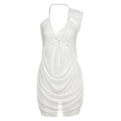 Summer Women Clothing Sexy Solid Color Hollow Out Cutout One Shoulder V neck Short Dress