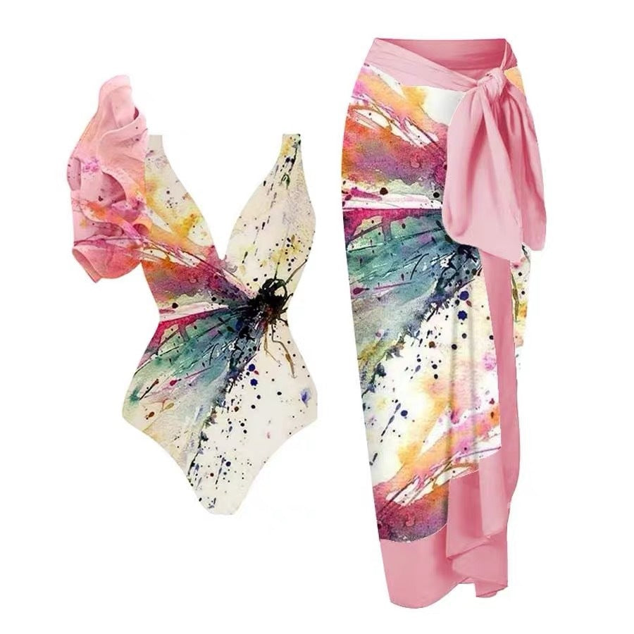 Printing One Piece Women Swimwear Suit European, French Retro Cover Belly Slimming Swimsuit