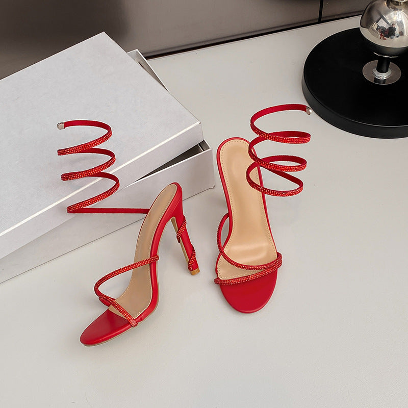 Summer Snake Shaped Rhinestone High Heel Shoes Internet Celebrity Fairy Winding Stiletto Sandals Women