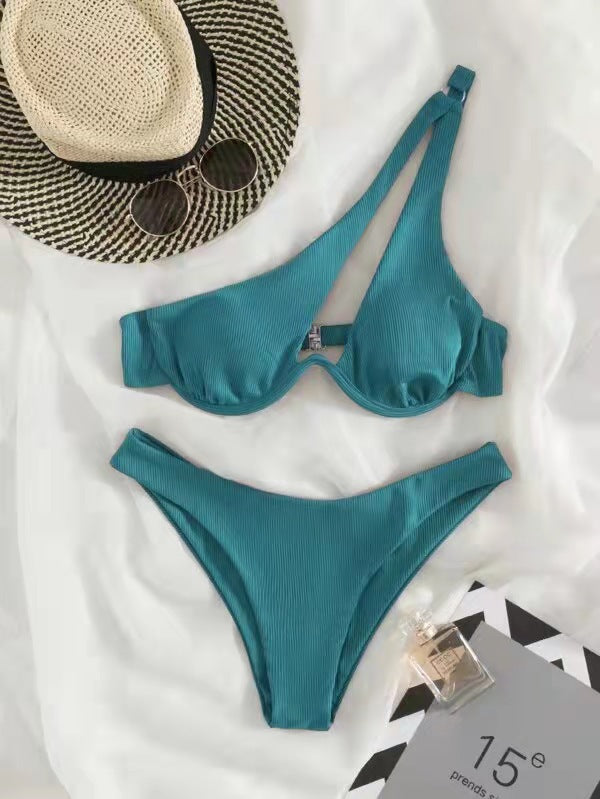 Sexy Women Seperated Swimwear Solid Color One Shoulder Underwire Bikini