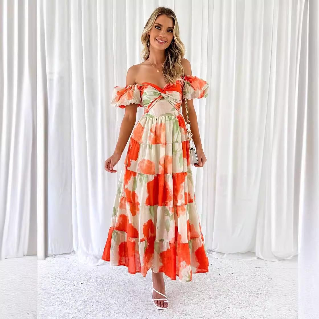 Spring Women Fashionable Elegant Puff Sleeve V neck Hollow Out Cutout out Printed Dress for Women