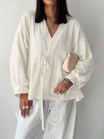 Spring Autumn Cotton Linen Solid Color V neck Trousers Comfortable Soft Shirt Women