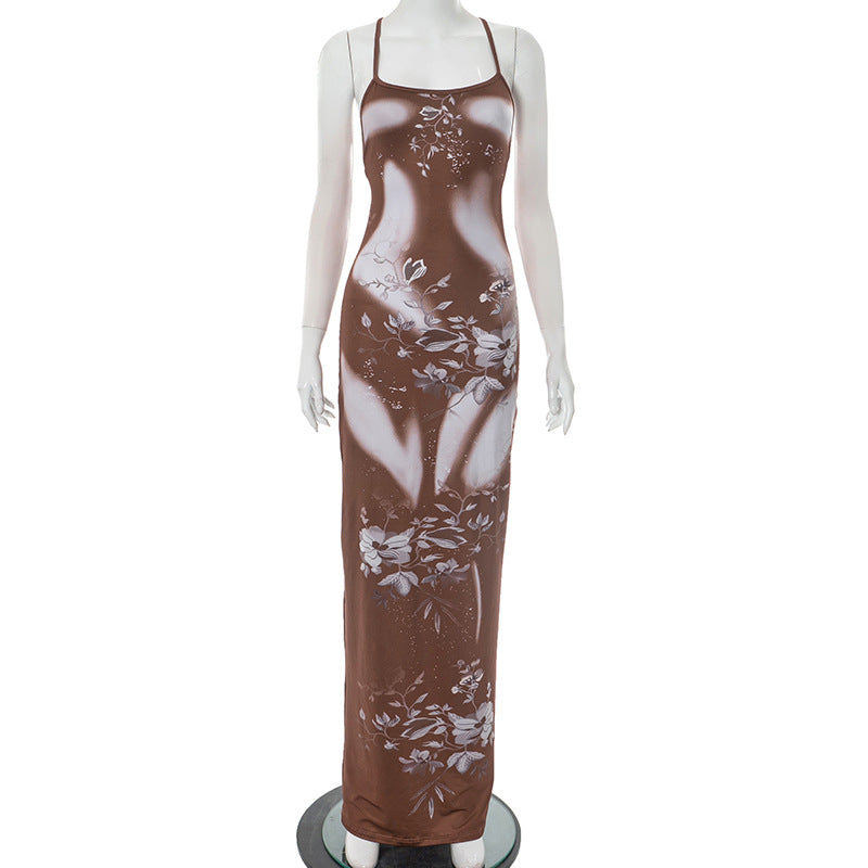 Women Sexy Floral Print Sling Backless Cross Tied Dress Women