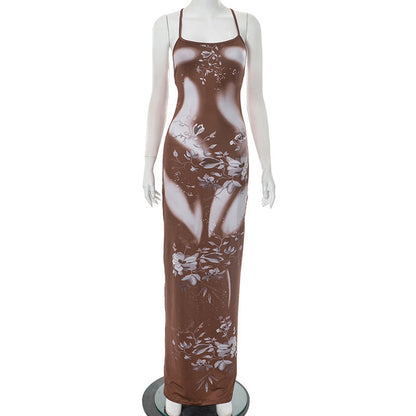 Women Sexy Floral Print Sling Backless Cross Tied Dress Women