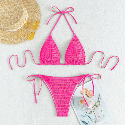 Printing Halter Spaghetti Straps Sexy Bikini Pleated Lace up Triangle Spring Split Swimsuit