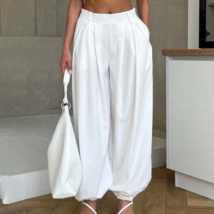 Women Clothing Simple All Match Loose Fit Tappered Trousers Pleated High Waist White Casual Pants