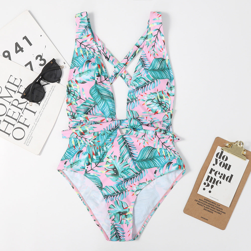 High Waist Backless Lace Up Sexy Women One Piece Printed Swimsuit Bikini Swimsuit