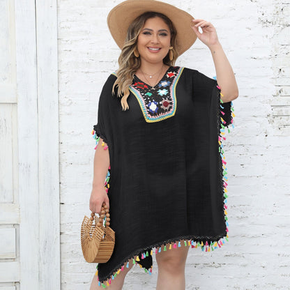 Beach Dress for Ladies Vacation Sun Protection Crochet Stitching Dress Split V neck Blouse