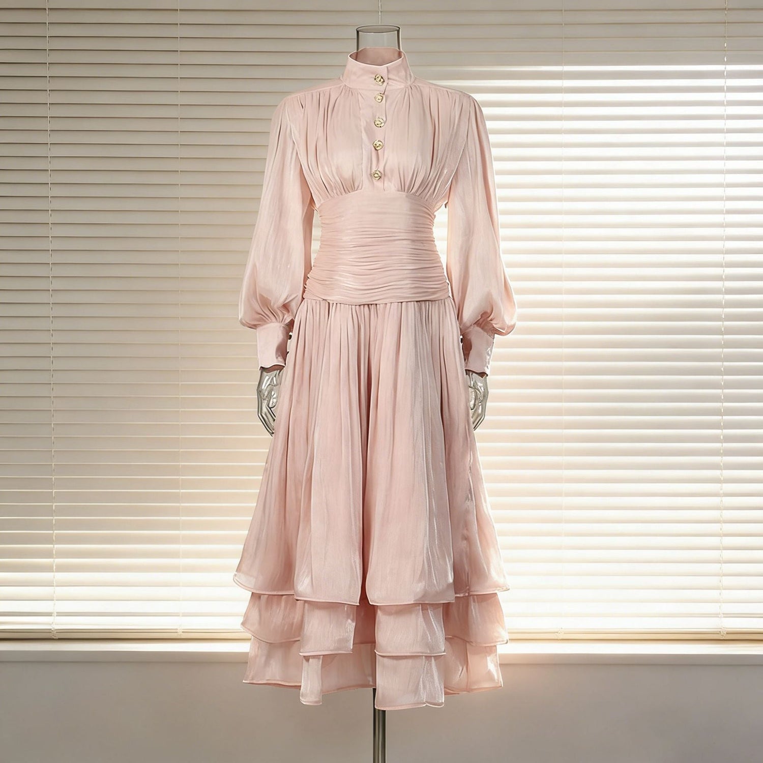 Spring Elegant Retro Lantern Sleeve Breasted Ruffled Maxi Dress Waist Slimming Dress