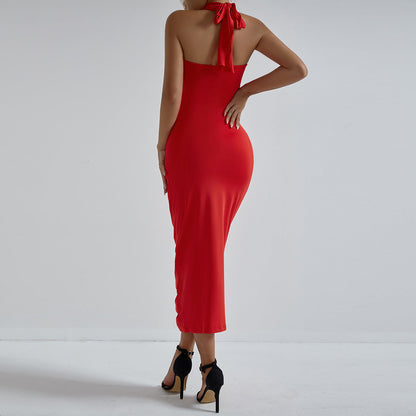 Fashionable Floral Cross Halter Hollow Out Cutout Sexy Chest lattering Dress Elegant Holiday Pleated Hip Dress for Women