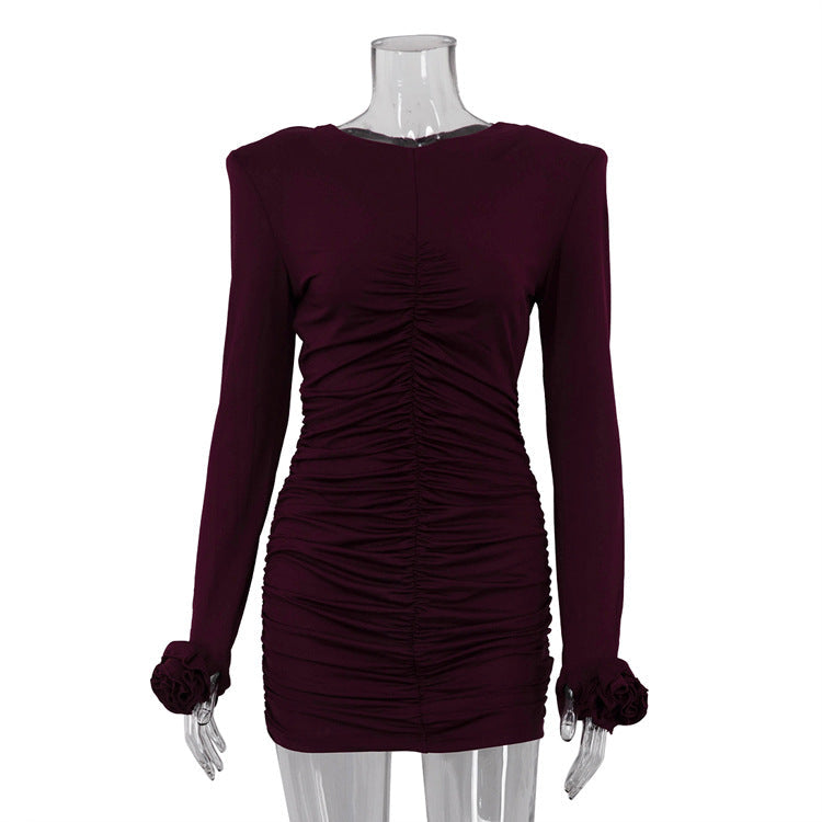 Women Clothing Sexy Nightclub Dress Pullover round Neck Long Sleeves Pleating Skinny Hip