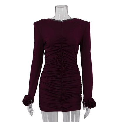 Women Clothing Sexy Nightclub Dress Pullover round Neck Long Sleeves Pleating Skinny Hip