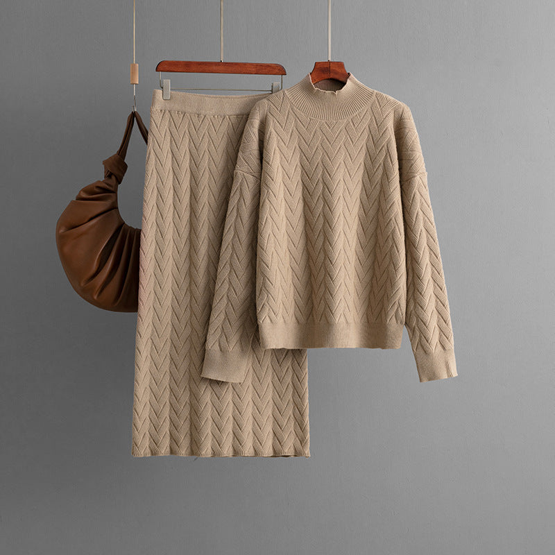 Autumn Winter Jacquard Half High Collar Long Sleeves Knitwear Pullover Top Skirt Two Piece Set