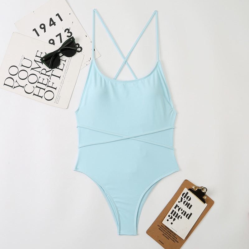 Sexy One Piece Nylon Multicolor Bikini Solid Color Tied Open Back Swimsuit Swimsuit