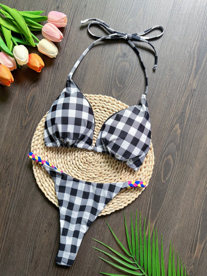 Triangle Bag Braid Rope Bikini Printed Swimsuit Beach Sexy Women Swimsuit