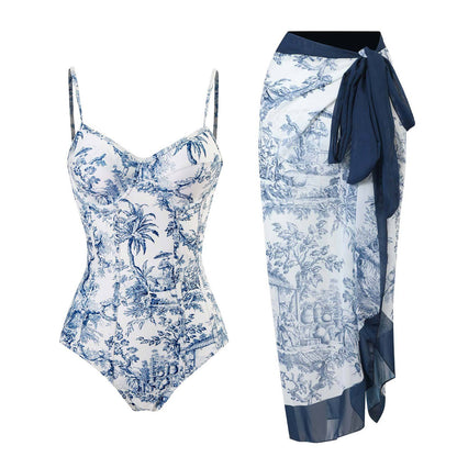 One Piece Swimsuit Women Conservatively Thin Vintage Printed Chiffon Dress with Steel Bracket Hard Bag Swimsuit