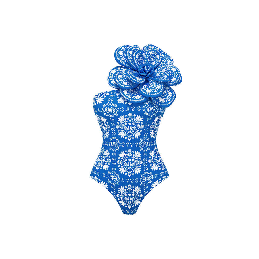 Blue Printing Handmade High Quality Big Floral One Piece Swimsuit Women