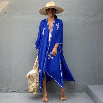 Rayon Embroidered Loose Long Cardigan Beach Sun Protection Coat Beach Cover Up Swimsuit Outwear Women