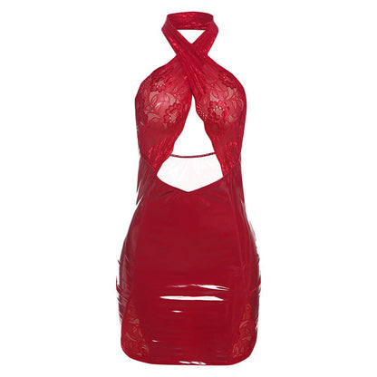 Autumn Winter Women Clothing Sexy Hollow Out Cutout out Halter Backless Lace Stitching Faux Leather Dress
