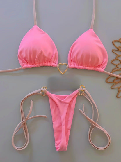 Nylon Solid Color Love Bikini Low Waist Lace up