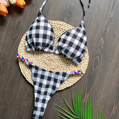 Triangle Bag Braid Rope Bikini Printed Swimsuit Beach Sexy Women Swimsuit