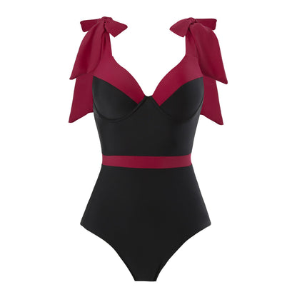 Solid Color One Piece Women Swimwear Suit European, French Spring Cover Belly Slimming Swimsuit
