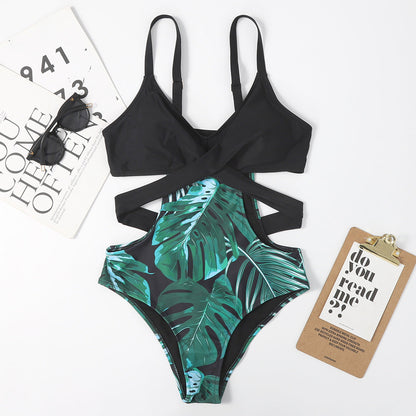 One-Piece Leaf-Shaped Floral Color Matching Women Swimsuit Lace-up Sexy Triangle Bikini