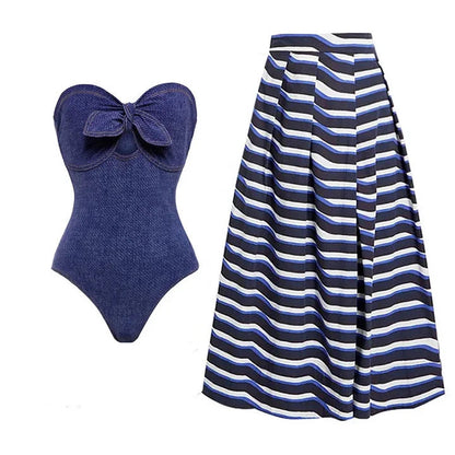 【MOQ-5 packs】 Cowboy Siamese Women Swimsuit European French Retro Cover Belly Slimming Swimsuit Vacation Beach Dress