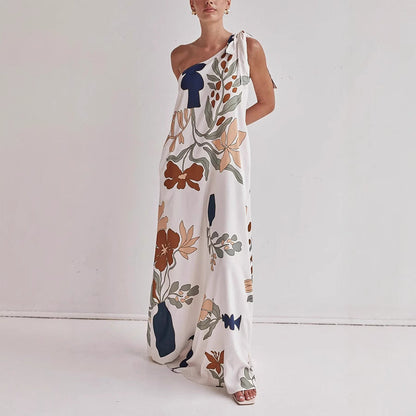 Spring Summer Oblique Shoulder Printed Pocket Dress Casual Loose Vacation Dress