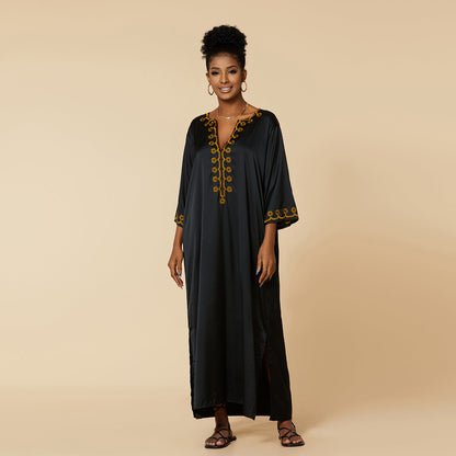 Artificial Silk Embroidered Beach Cover up Sun Protection Clothing Vacation Maxi Dress Bikini Cover-up Women