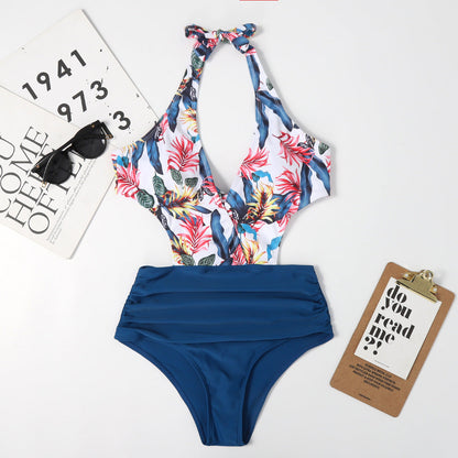 One Piece High Waist Lace Up Bow Backless Women Sexy Beach Triangle Swimsuit Bikini