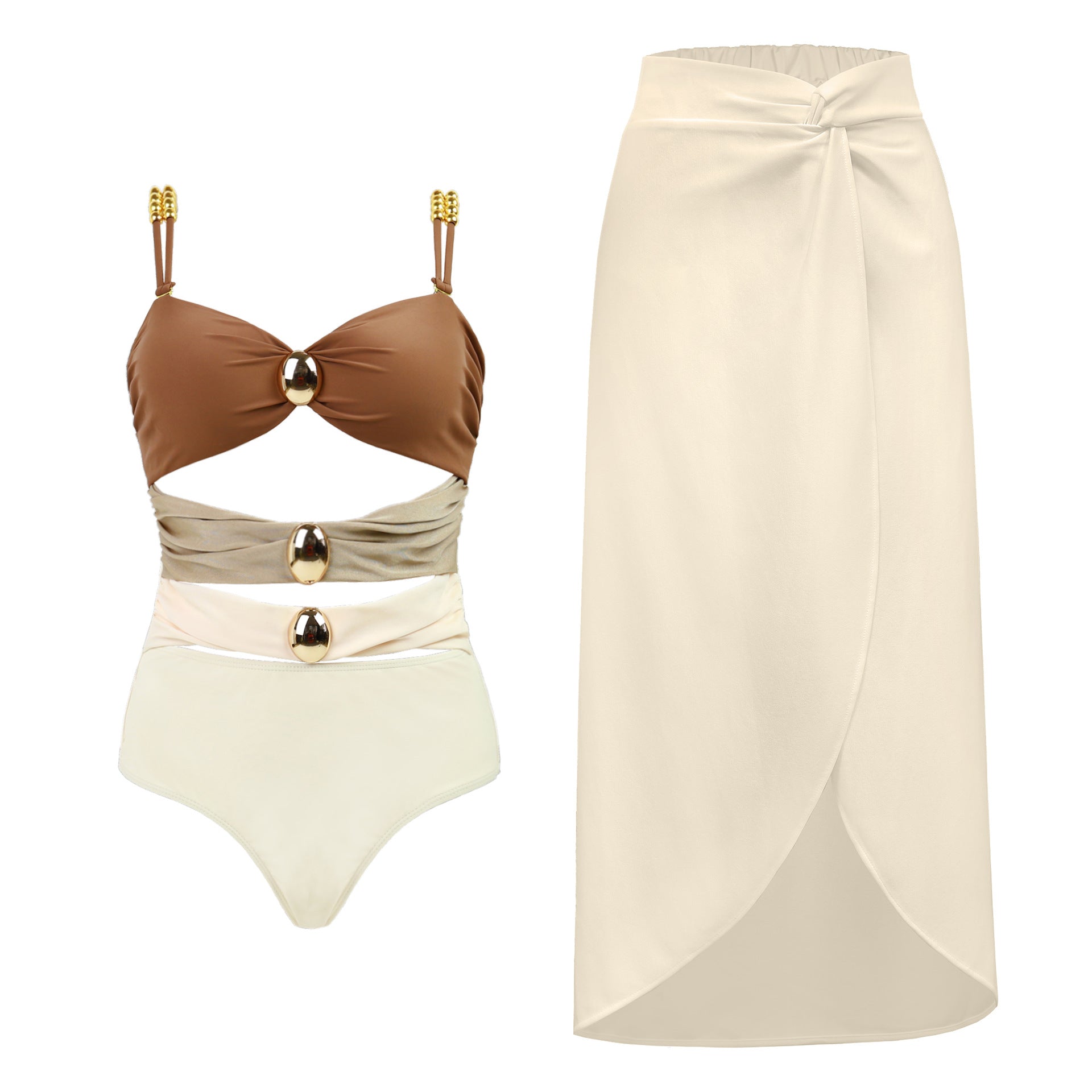 Swimsuit Color Matching Sexy Cutout One Piece Women Wrap Skirt Swimsuit Suit