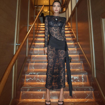 Autumn Winter Women Clothing round Neck See through Sexy Slim Side Slit Long Sleeve Elegant Dress