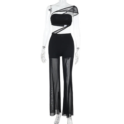 Sexy Mesh Stitching Tube Top One Piece Wide Leg Pants Hollow Out Cutout out See through Women Clothing