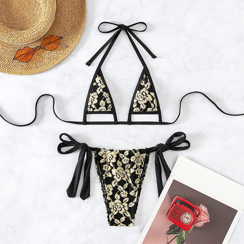 Swimwear Women Lace up Halterneck Split Bikini Three Point Sexy Beach Swimsuit