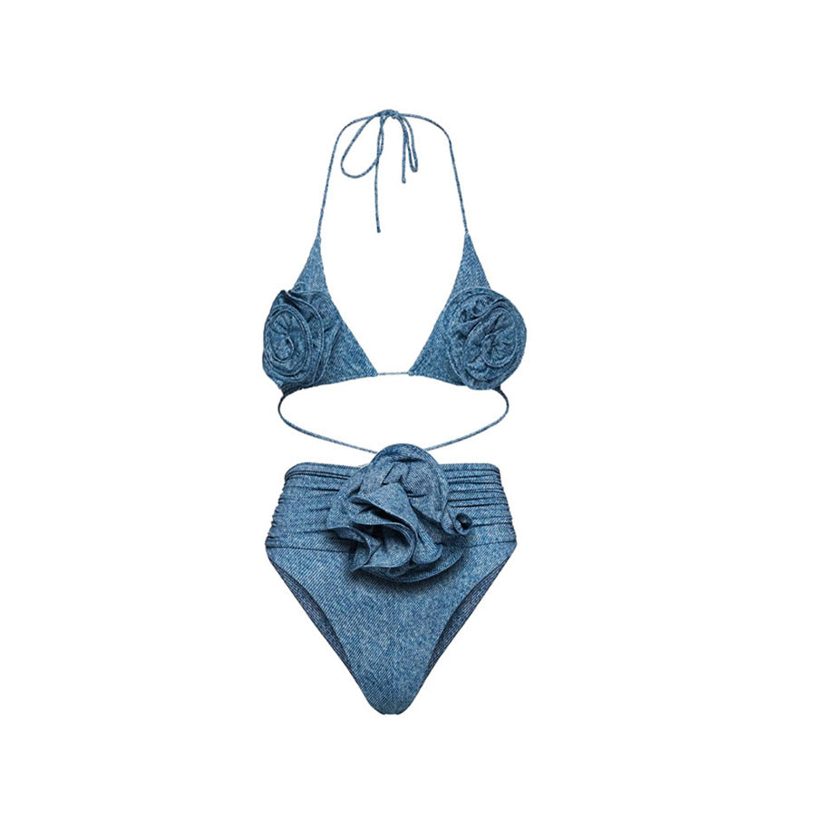 Popular Floral Decoration One Shoulder Hollow Out Cutout Soft Denim One Piece Swimsuit Women