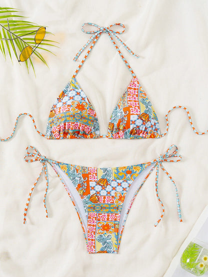 Bikini Triangle Cup Printed Lace up Sexy Bikini Swimsuit Swimwear Women