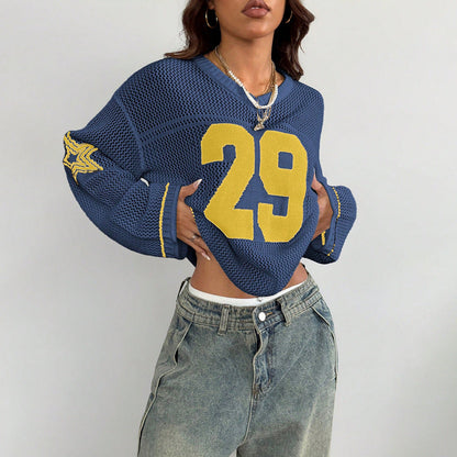 Casual Street Digital Printed V neck Long Sleeved Knitted Sweater