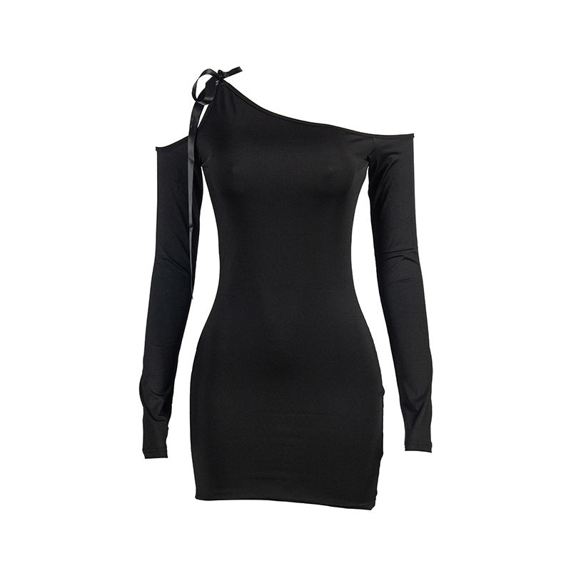 Spring Solid Color Diagonal Collar Lace Up Off Shoulder Long Sleeve Slim High Waist Dress