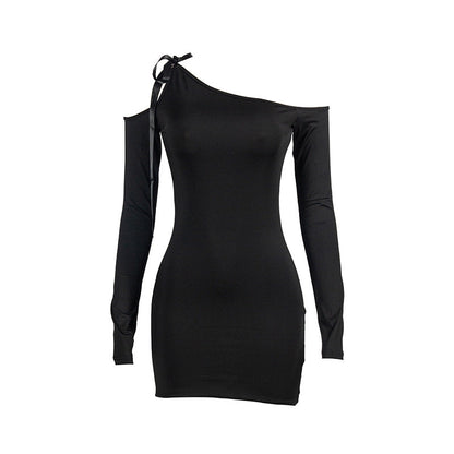 Spring Solid Color Diagonal Collar Lace Up Off Shoulder Long Sleeve Slim High Waist Dress