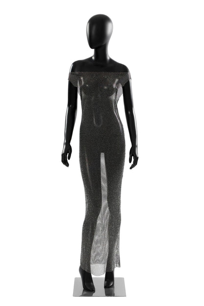 Sexy Mesh Maxi Dress Rhinestone See through Dress Fishnet Rhinestone off Neck Dress Elastic Dress