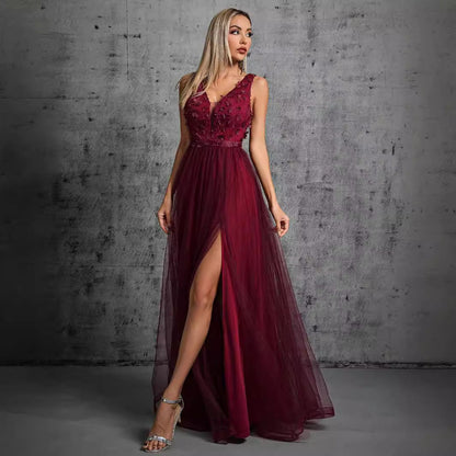 Women Evening Dress Women Chiffon Double V neck Dress Sleeveless A line Large Hem Sequin Stitching Summer