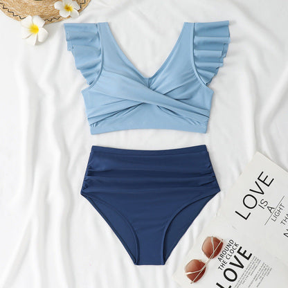 Split Swimsuit Slim Fit V Collar Contrast Color Ruffled Stitching Women Swimsuit Bikini